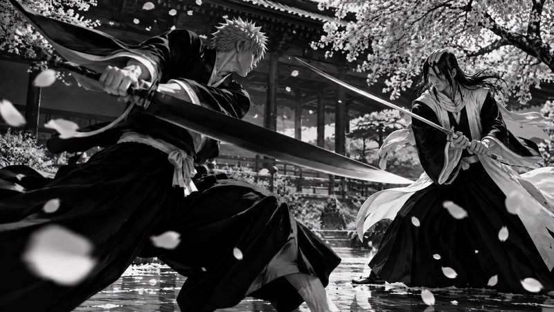Bleach characters Ichigo Kurosaki and Byakuya Kuchiki clash swords in a cherry blossom temple duel