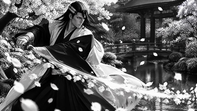 Byakuya Kuchiki drawing his glowing katana amid falling cherry blossoms in a traditional Japanese...