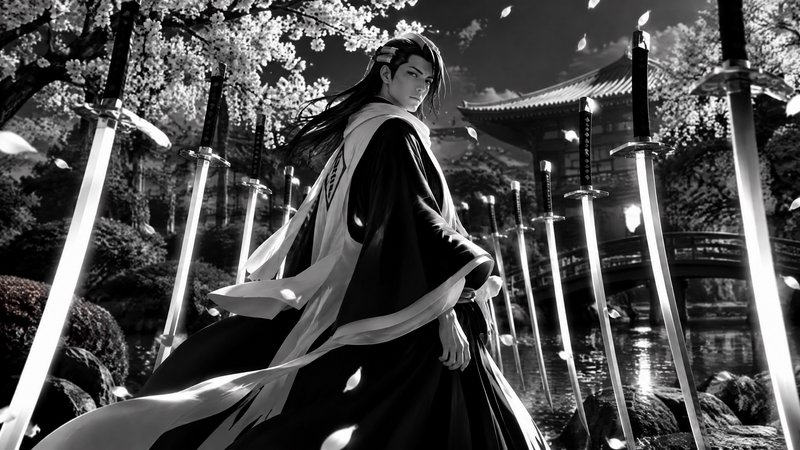 Byakuya Kuchiki stands surrounded by floating katana as cherry blossom petals fall around him