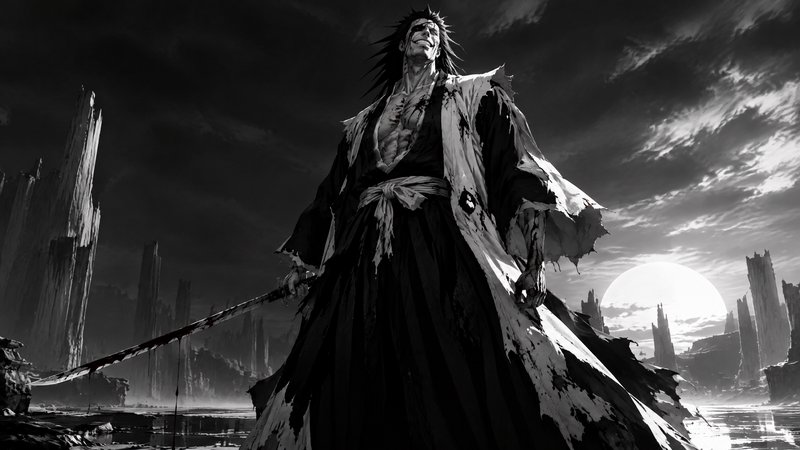 Kenpachi Zaraki holds his zanpakuto while standing in a desolate moonlit otherworldly landscape