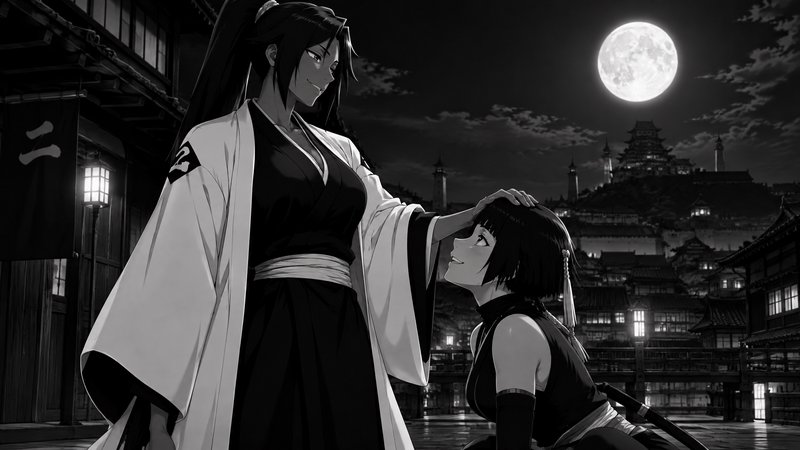 Yoruichi gives Soi Fon a gentle head pat under a full moon in a Soul Society night street