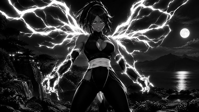 Yoruichi Shihouin crackles with lightning energy in a battle stance under a glowing full moon