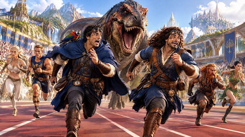 Fantasy adventurers sprint to escape a roaring T-rex on a stadium race track in a magical elven r...