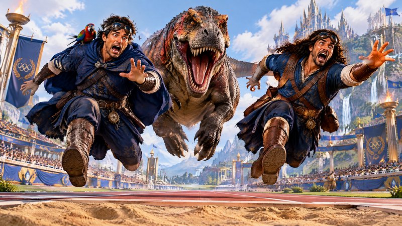 Two terrified adventurers sprint away from a charging snarling T-rex on a fantasy Olympic stadium...