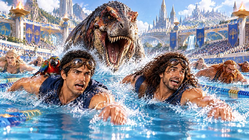 Panicked fantasy swimmers race to escape a roaring T-rex chasing them through a competition swimm...