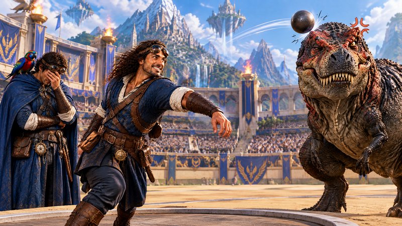 Swashbuckling fantasy adventurer throws a ball at an angry T-Rex in a floating kingdom coliseum