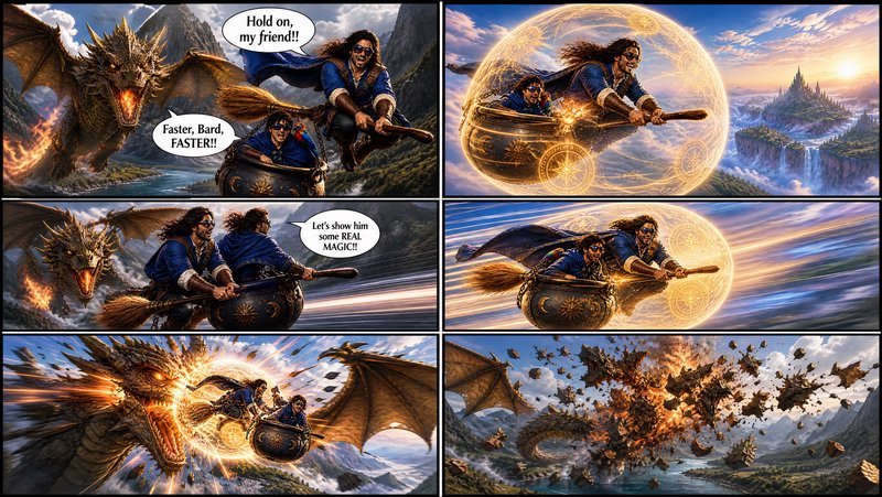 6 panel fantasy comic showing two wizards outrunning a fire dragon on a broom-powered flying caul...
