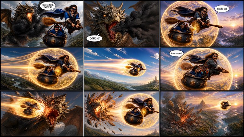 Humorous 9-panel fantasy comic of wizards riding a broom-mounted cauldron defeating an attacking ...