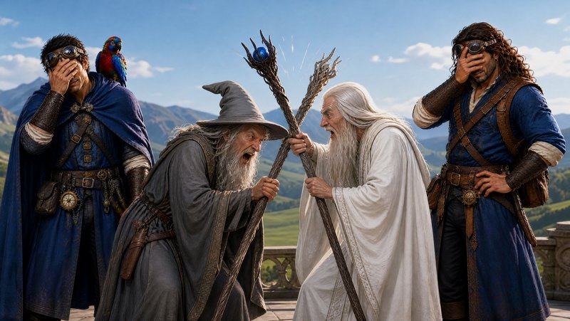 Two wizards clash staffs shouting as exasperated steampunk travelers stand on a mountain overlook.