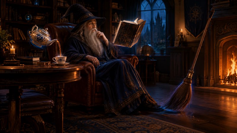 Elderly wizard reads a floating spellbook as a magical teapot pours tea in his cozy firelit study