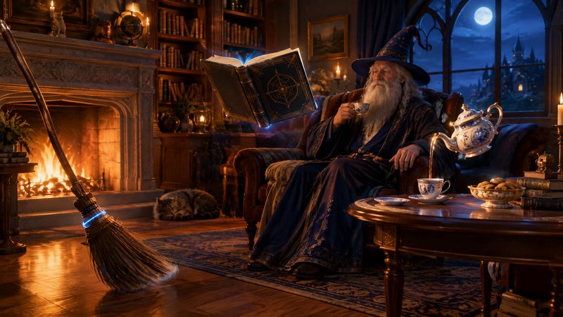 Elderly wizard relaxes beside a crackling fireplace surrounded by floating magical objects in his...