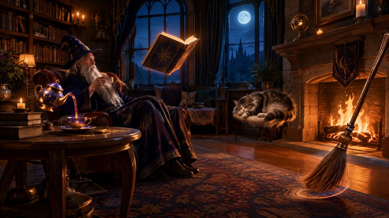 Elderly bearded wizard relaxes in a cozy tower study with floating magical objects and a napping ...