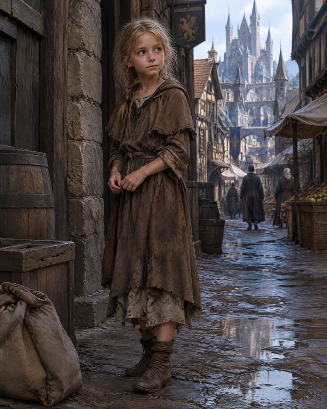 Wistful young peasant girl standing on a wet medieval cobblestone market street with a distant sp...