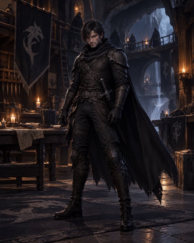 Brooding armored dark fantasy warrior standing in a candlelit medieval fortress hall