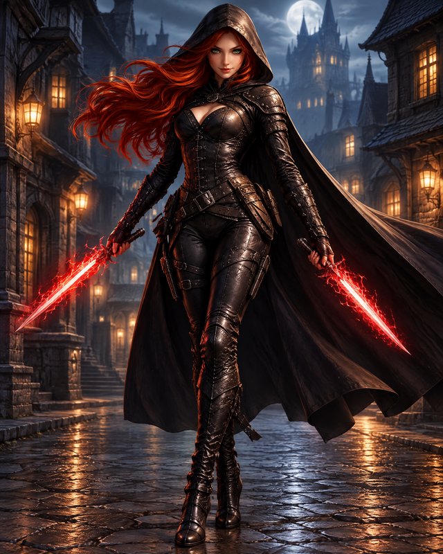 Hooded red-haired fantasy assassin holds glowing red dual blades on a moonlit medieval cobbleston...