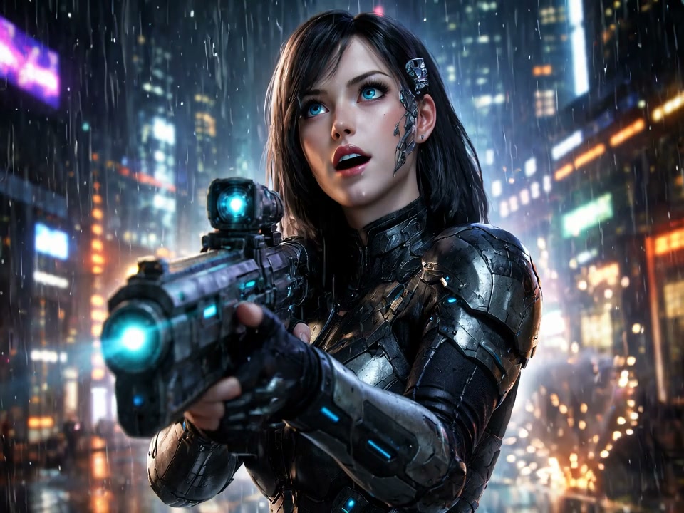 Close-up of a female cyborg in futuristic armor aiming a glowing rifle in a rain-soaked neon city