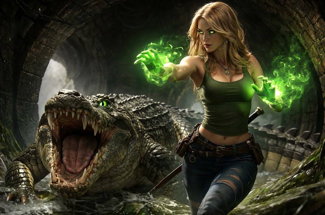 Heroine with glowing green magic battles a dragon in a dark cavern.