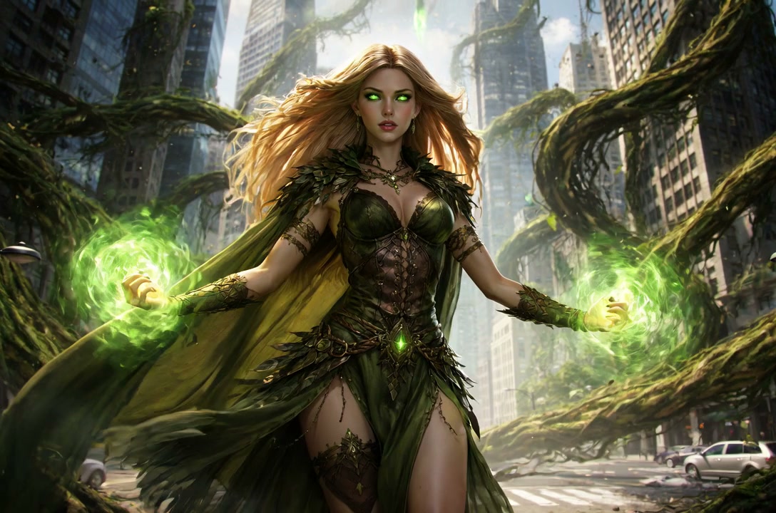 Green-eyed sorceress in forest-green armor conjuring glowing magic amid a ruined city.