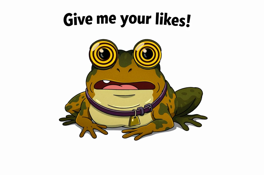 Cartoon frog with oversized yellow eyes and purple collar, captioned “Give me your likes!”