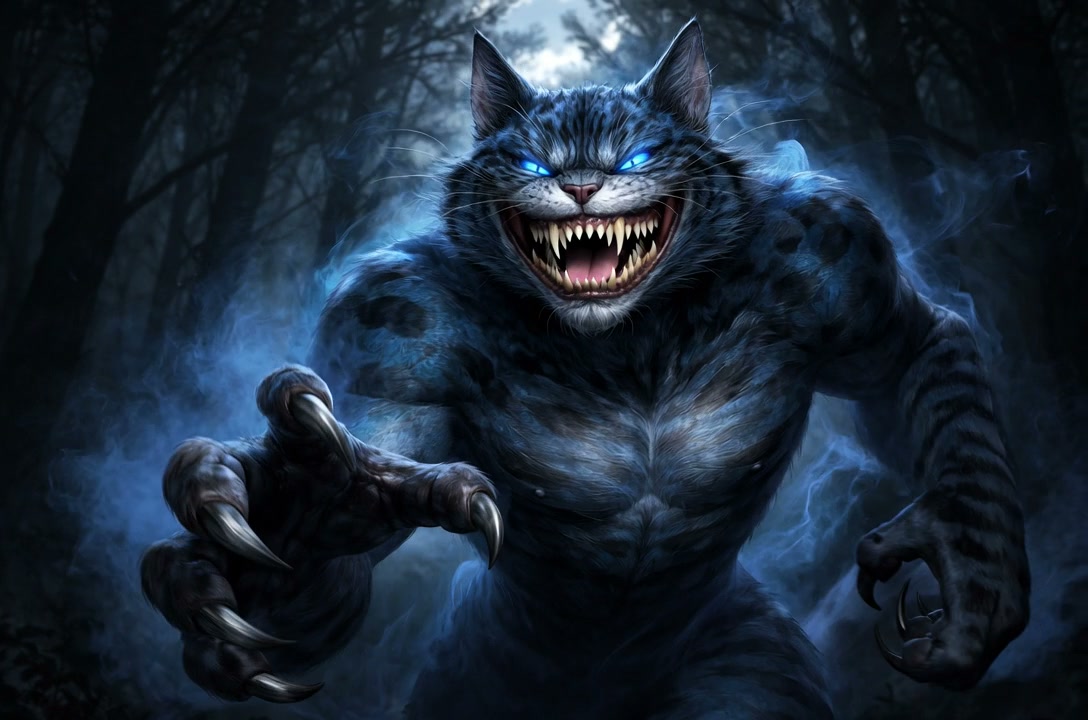 Ferocious blue-eyed werewolf snarling in a misty dark forest.