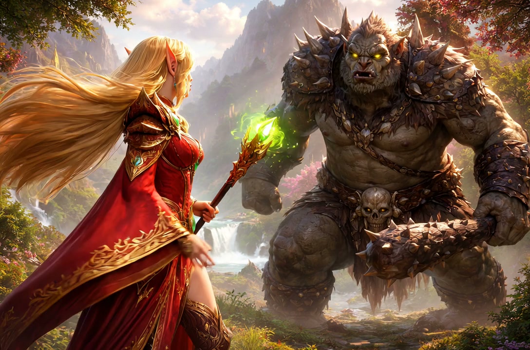 Elven sorceress in red armor confronts a massive armored ogre with a glowing green staff.