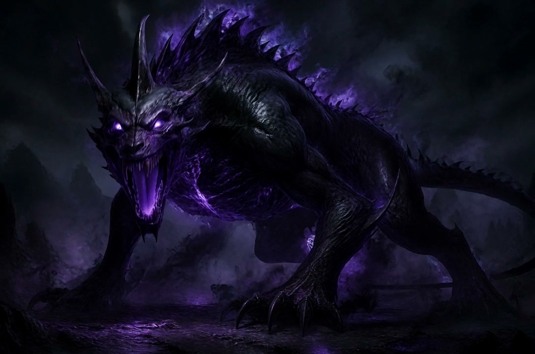 Dark dragon with glowing purple eyes and mouth, menacing in a smoky, nighttime landscape.