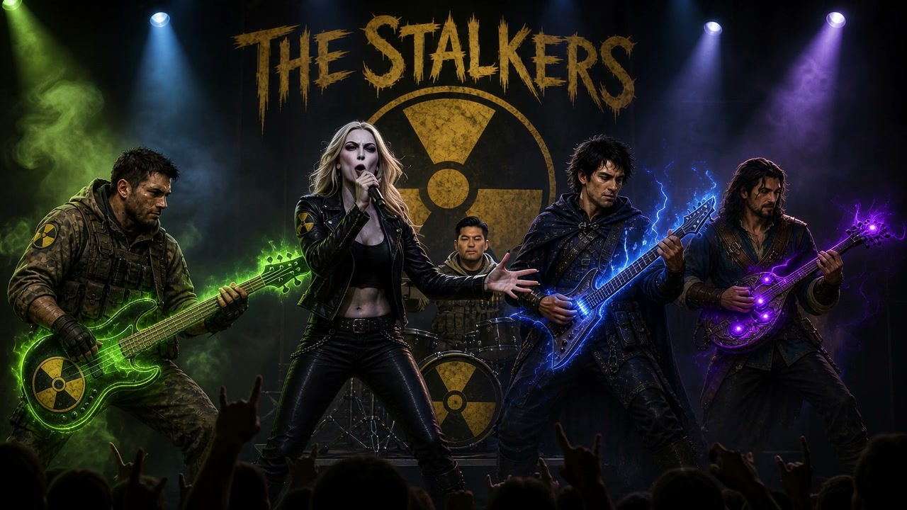Fictional metal band The Stalkers perform live on stage with glowing neon instruments, radiation ...