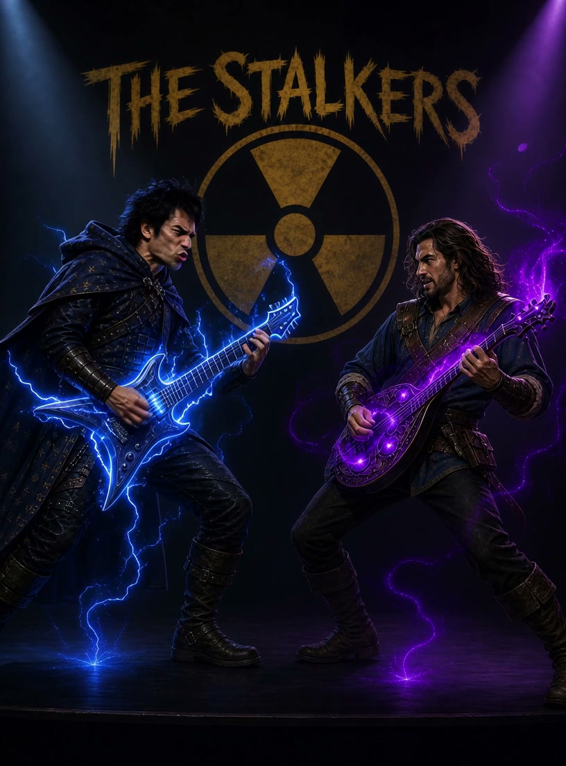 Two fantasy guitarists play glowing enchanted guitars on stage for fictional band "The Stalkers" ...