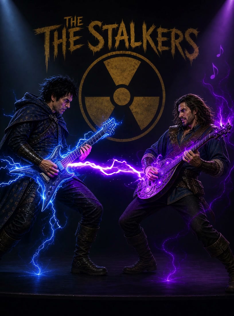 "The Stalkers band poster of two fantasy guitarists dueling with lightning-infused glowing guitar...