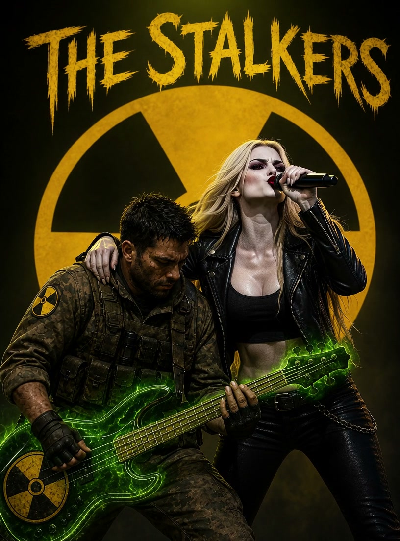 Album poster for The Stalkers band, featuring bassist with glowing radioactive guitar and female ...