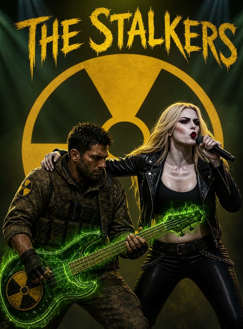 The Stalkers band poster: tactical musician plays glowing green bass beside female rock vocalist,...