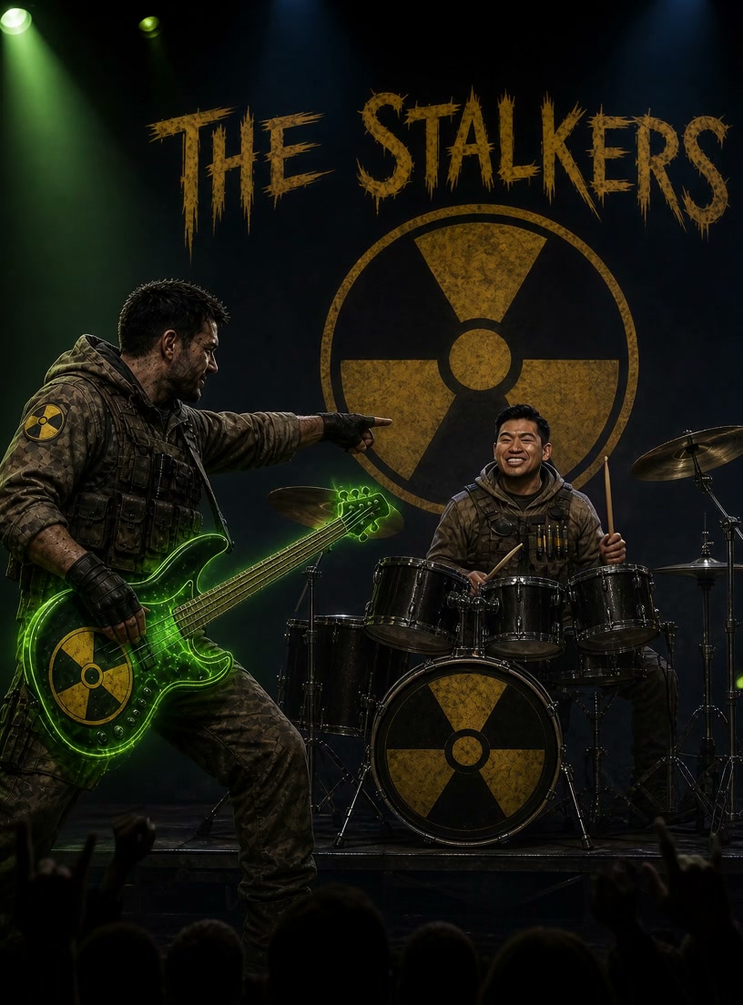 The Stalkers heavy metal band performs live, bassist with glowing radioactive bass pointing at sm...