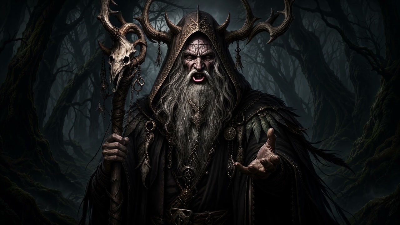 Intimidating dark fantasy druid with antlered hood holds skull staff, extends hand in misty haunt...