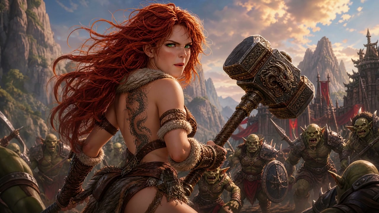 Fierce red-haired barbarian warrior wields an ornate giant hammer facing an onrushing horde of ar...