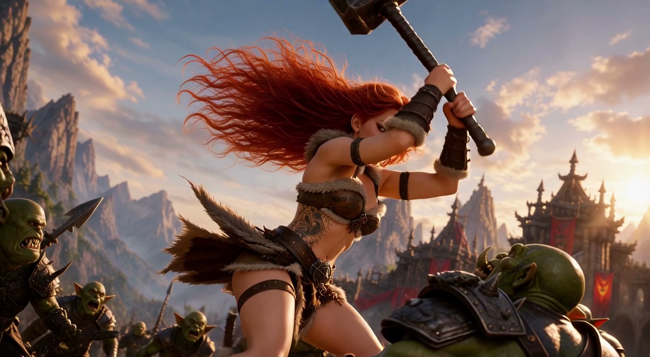Fierce red-haired female barbarian swings a battle hammer at attacking orcs during a mountain for...