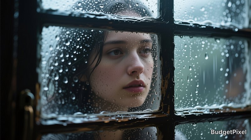 Pensive young woman gazes out through a vintage grid window covered in glistening raindrops on a gloomy rainy day.