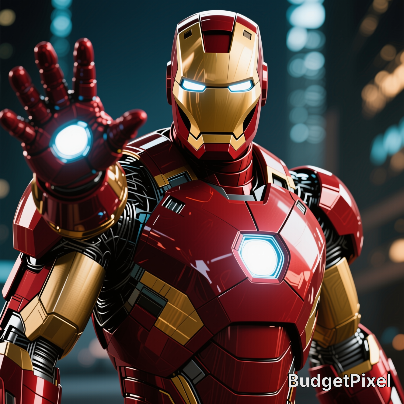 Close-up of Iron Man holding out a glowing repulsor hand, in classic red-gold armor against a blurred night city backdrop.