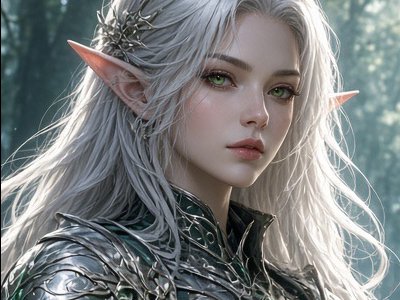 Close-up portrait of a regal female high elf with silver hair, pointed ears, bright green eyes, i...