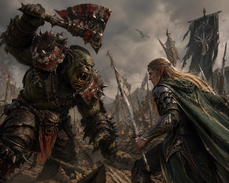Snarling spiked armored orc swings a bloodied axe at a blonde elven warrior on a war-torn fantasy...