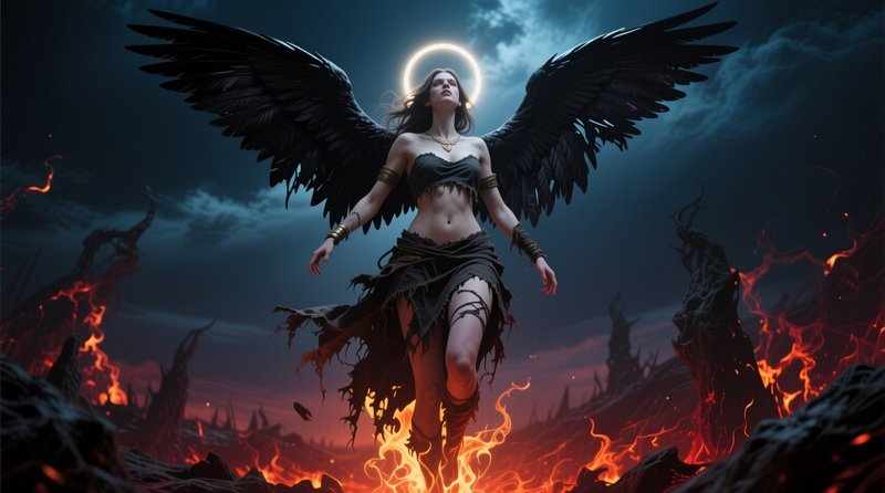 Fallen angel with black wings and glowing halo hovers above a fiery hellish landscape