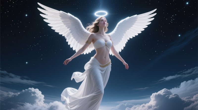 Ethereal winged angel with a glowing halo floats above fluffy clouds under a starry night sky