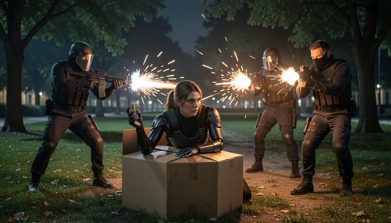 Cyborg woman with armored arms holds a canister as riot officers fire at her in a dark night park