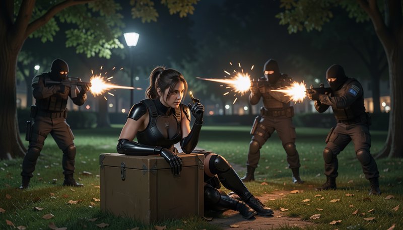 Poised tactical woman leans on a crate as masked soldiers fire weapons at her in a lamplit night park