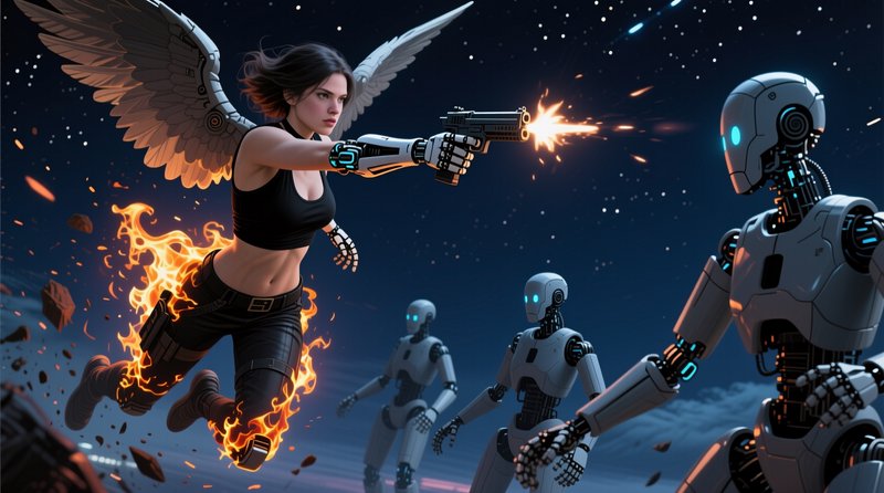 Winged cyborg woman with flaming legs fires a pistol at advancing humanoid robots mid-flight under a starry sky
