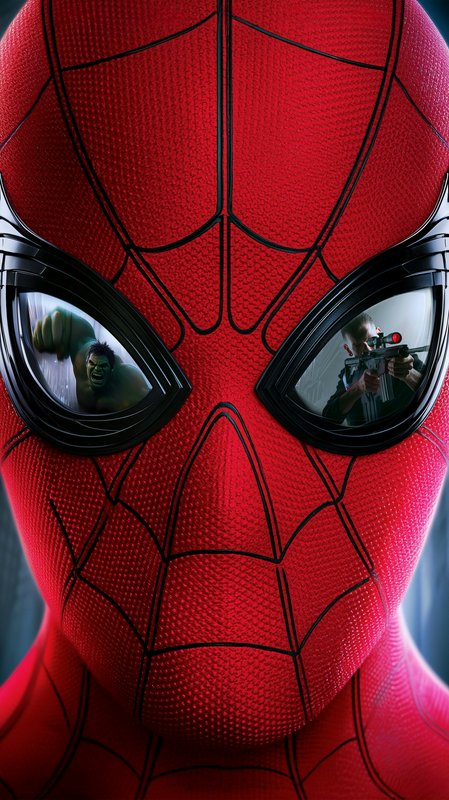 Close-up of textured Spider-Man mask, lenses reflect a charging Hulk and a gunman aiming a scoped rifle.