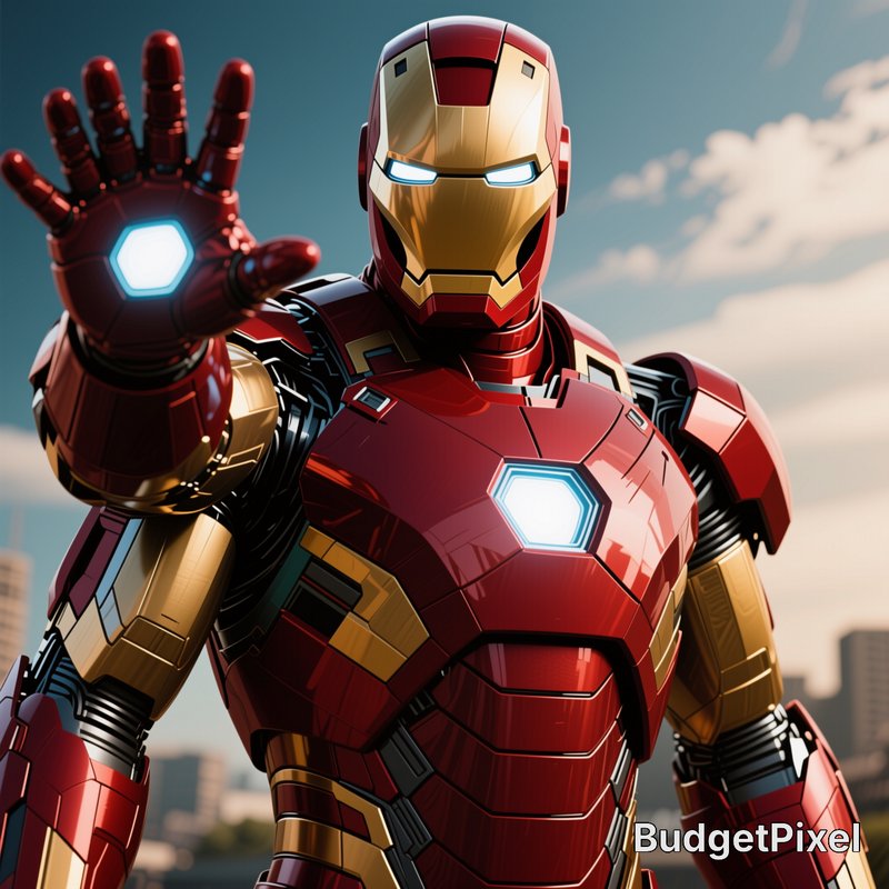 Photorealistic render of Iron Man in glossy red-gold armor, raising his glowing repulsor hand toward the viewer against