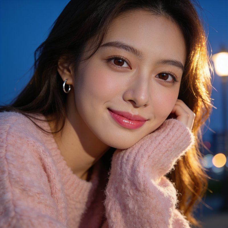 Close-up portrait of young East Asian woman in fuzzy pink sweater, smiling softly outdoors at blu...