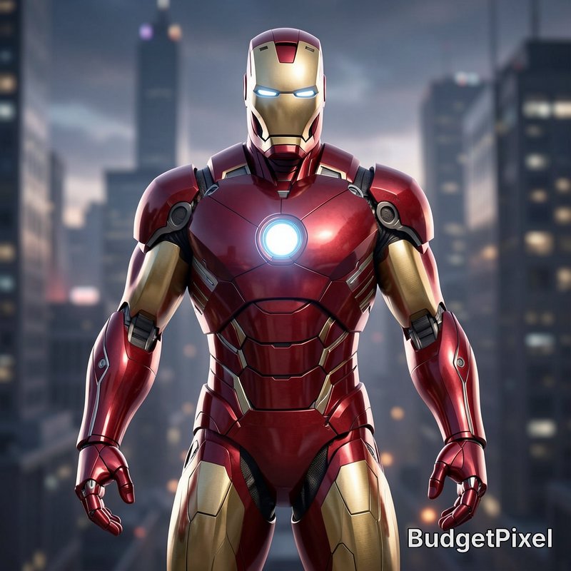 Iron Man in glossy red and gold armor stands against a blurred dusk city skyline, glowing arc reactor at his chest.