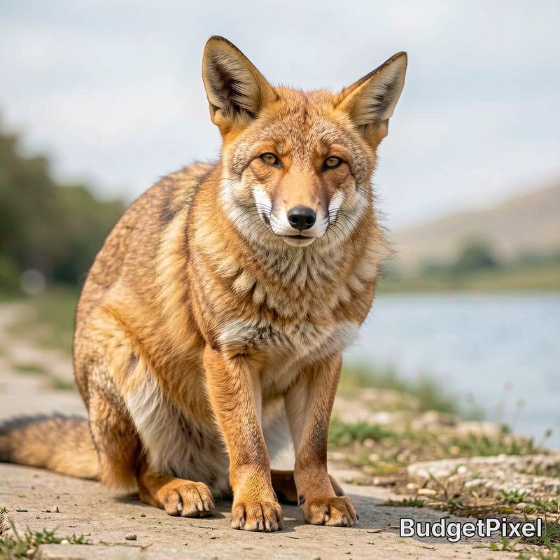 Seated wild red fox stares directly at the camera, perched on a stone lakeside path with a blurred natural background.