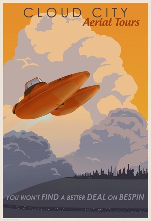 Retro orange flying scooter/airplane above a city skyline with clouds in an orange sunset poster.